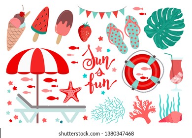 Summer clip art kit. Coral red and teal green color. Beach objects. Sea vacation icons. Beach chair and sunshade parasol umbrella. Flip flops, life buoy. Shells, corals, seaweed. Sun and fun words.