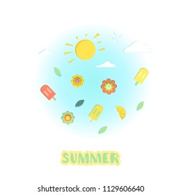 Summer clip art set. Handwritten lettering with sun, clouds, plane, ice-cream, flowers,leave and other papercut items isolated.  Vector illustration.