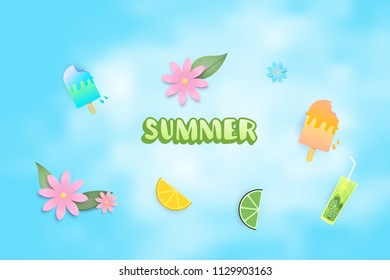 Summer clip art set. Handwritten lettering with  ice-cream, beverage, flowers and other summer items isolated on sky background.  Vector illustration.