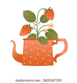 Summer clip art with teapot and bush of strawberry. Cute vector illustration with summer plants. Hand drawn element for summer card, banner, sticker, poster. Flat naive style. 