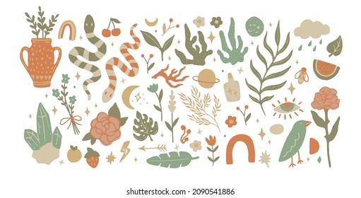 Summer Clipart Abstract And Botanical Vector Hand Drawn Illustration Bundle. Simple Doodle Isolated Elements For Patterns And Graphic Design