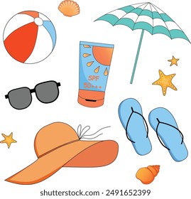 Summer clipart - beach clip art - beach ball, umbrella, sunscreen, sun glasses, flip-flops, beach hat, seashell, starfish