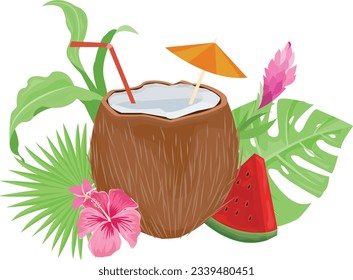 Summer clipart design with decoration, tropical leaves, palm fronds, coconuts, hibiscus flowers and watermelon slices