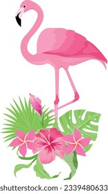 summer clipart design with decoration, tropical leaves, palm fronds, hibiscus flowers and flamingo birds