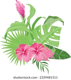 Summer clipart design with tropical leaves, palm fronds, coconuts, watermelon slices, hibiscus flowers, and flamingo birds