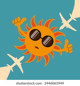 Summer clipart with Funky Kawaii sun and aircraft. Summer design t-shirt prin in trendy vintage style. Vector illustration can used postcard, banner, poster template. Travel Art with copy space. 