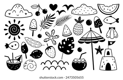 Summer clipart. Hello summer clipart. Summer time. Black and white Summer stickers in cartoon flat style. Hand drawn vector illustration