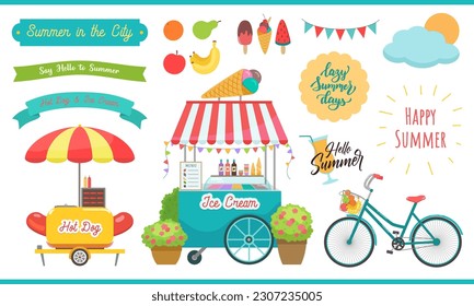 Summer clipart set with street food cart. Summer city graphics. Ice cream stall and hot dog truck. Bicycle with basket. Summer greeting tags, banners, flags for scrapbook, stickers, jounaling.