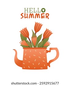 Summer clipart with teapot full of flowers. Cute vector illustration with summer flowers. Hand drawn element for summer card, banner, sticker, poster. Flat naive style. Text "Hello Summer"	.