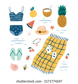 Summer Clipart Vector Set. Cute Beach Graphic Elements. Summer Picnic Clipart