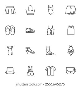 Summer cloth and accessory line icons set, outline vector symbol collection, linear style pictogram pack. Signs, logo illustration. Set includes icons as skirt, swimsuit, flip flop, dress, shoes, bag