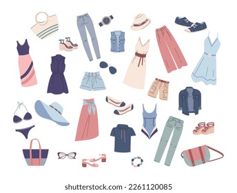 Summer cloth and accessory. Stylish pants, fashion pack of shoes, skirt, dress, beach bag. Vacation sundress, beach apparel kicky vector collection