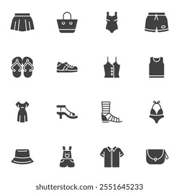 Summer cloth and accessory vector icons set, modern solid symbol collection, filled style pictogram pack. Signs, logo illustration. Set includes icons as skirt, swimsuit, flip flop, dress, shoes, bag