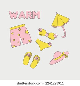 Summer clothes and accessories, beachwear, hat, flip flops and umbrella. Flat cartoon colorful vector illustration.