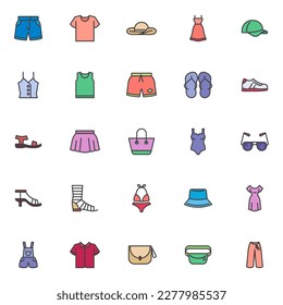 Summer clothes and accessories filled outline icons set, line vector symbol collection, linear colorful pictogram pack. Signs, logo illustration, Set includes icons as dress, hat, swimsuit, sundress