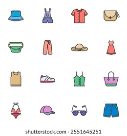 Summer clothes and accessories filled outline icons set, line vector symbol collection, linear colorful pictogram pack. Signs, logo illustration, Set includes icons as handbag, swimsuit, dress, shirt