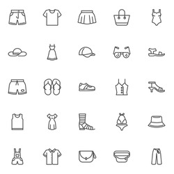 Summer Clothes And Accessories Line Icons Set. Linear Style Symbols Collection, Outline Signs Pack. Shoes And Clothing Vector Graphics. Set Includes Icons As Dress, Hat, Swimsuit, Sundress, Sunglasses