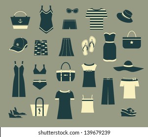 Summer Clothes and Accessories - Set of black and white simple clothing icons, including evening dresses, T-shirts, swimsuits, hats, shoes and tote bags