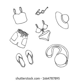 Ropa de verano y accesorios. El dibujo de caricaturas puede utilizarse en tarjetas, carteles, volantes, pancartas, logotipo, diseño de ropa, moda, impresiones textiles, etc. Ilustración vectorial EPS10
