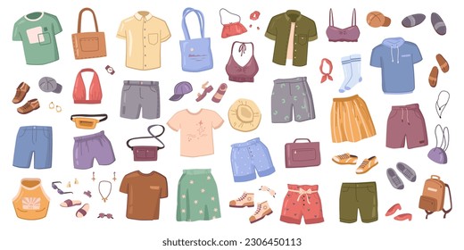 Summer clothes and accessories, shoes and bags. Travel beach clothes set, fashion look items. Vector shoes and shirts, dresses and hats, socks and trousers, jewelry and glasses. Cloth staff