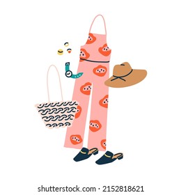 Summer clothes, accessories for women. Female sleeveless jumpsuit, beach bag, holiday hat, mule shoes and jewelry. Modern trendy vacation apparel. Flat vector illustration isolated on white background