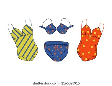 Ropa de verano para la playa. Set de bañeras de colores vivos para la playa y la piscina, doodle. Colección de mujeres. Ilustración vectorial en un fondo blanco aislado.