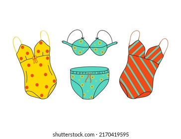 Ropa de verano para la playa. Set de bañeras de colores vivos para la playa y la piscina, doodle. Colección de mujeres. Ilustración vectorial en un fondo blanco aislado.
