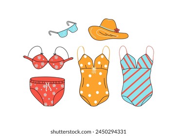 Summer clothes for the beach. Set of bright swimsuits for the beach and pool, doodles. Women's collection. Vector illustration on white isolated background.