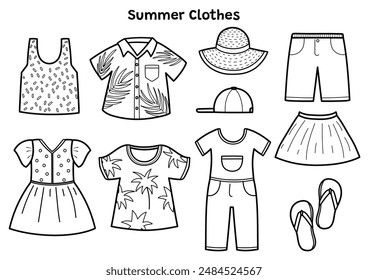 Ropa de verano negro y blanco conjunto con camiseta, vestido, camisa hawaiana, falda y más. Colección de outfit de temporada de verano en contorno. Ilustración vectorial