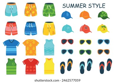 Summer clothes in cartoon style hand drawn, beachwear icons set. Collection of shorts, t-shirts, flip flops, sunglasses, accessories. Clothing for a holiday at a seaside resort. Vector illustration in