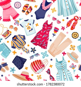 Summer clothes collection vector seamless pattern. Femininity color fashion apparel and accessories on white background. Cartoon style illustration