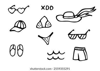 Summer clothes doodles set. Vector collection of hand drawn elements: swimwear, hat, sunglasses, bikini, flip flops, shorts and others.