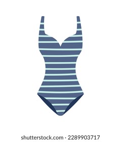 Summer clothes element. Beautiful womens striped swimsuit for swimming in sea or pool. Stylish clothing for beach, vacation or journey. Cartoon flat vector illustration isolated on white background