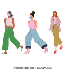 Summer clothes females wearing protective face masks. Concept of coronavirus quarantine vector illustration.