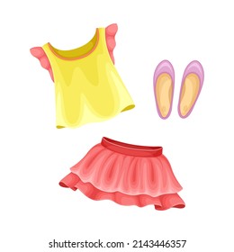 Summer clothes for girl set. Blouse, skirt and ballet shoes cartoon vector illustration