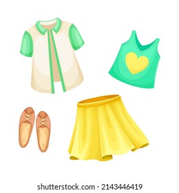 Summer clothes for girl set. Blouse, tank top, skirt and ballet shoes cartoon vector illustration