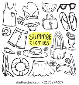 Summer clothes hand drawn in doodle style. Vector illustration isolated on white background.