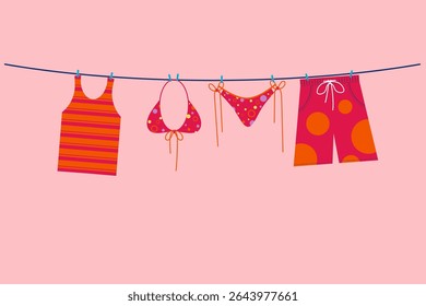 Summer clothes hanging in the sunshine: tank tops, shorts, and bikinis. Summer concept vector illustration.