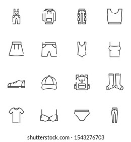 Summer clothes line icons set. linear style symbols collection, outline signs pack. vector graphics. Set includes icons as swimsuit, short skirt, undergarment bra, cap, overalls, hoodie, sock, pants