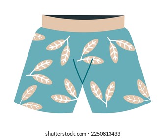 Ropa de verano para hombres, pantalones cortos aislados de baño con hojas impresas. Prendas de moda para varones y adolescentes. Pieza de ropa, moda y colección de diseño. Un vector de estilo plano