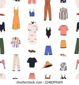 Summer clothes pattern. Seamless background, casual women garments. Modern apparels, dress, pants, hat, shoes, swimsuit repeating print. Texture design with female wardrobe. Flat vector illustration