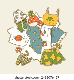 Summer clothes print, cool set of objects for the beach vacation, isolated with shadows, for t-shirts, sticker, banner and poster