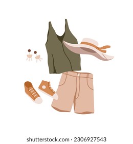 Composición de prendas de vestir, prendas de vestir y accesorios de verano. Sombrero de playa, camisa sin mangas, pantalones cortos para mujeres, zapatillas, pendientes. Viste moderno de moda. Ilustración vectorial plana aislada en fondo blanco