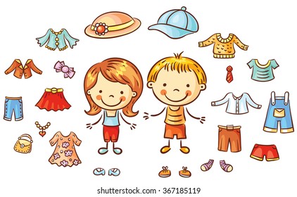 Summer clothes set for a boy and a girl, items can be put on