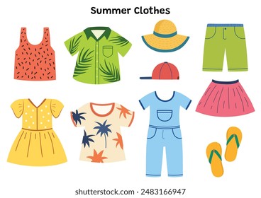 Summer clothes set with t-shirt, dress, Hawaiian shirt, skirt and more. Summer season outfit collection in cartoon stye. Vector illustration