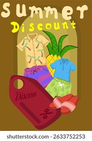 Summer clothes set with t-shirt, dress, Hawaiian shirt, skirt and more. Summer season outfit collection in cartoon stye. Vector illustration