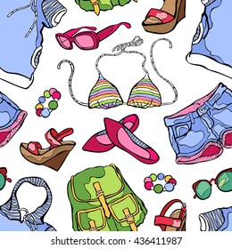 Summer clothes: shorts, swimsuit, T-shirt, sandals, ballet flats, backpack, sunglasses, bracelet. Seamless vector pattern (background).