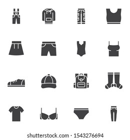 Summer clothes vector icons set, modern solid symbol collection, filled style pictogram pack. Signs, logo illustration. Set includes icons as swimsuit, short skirt, undergarment bra, cap, overalls