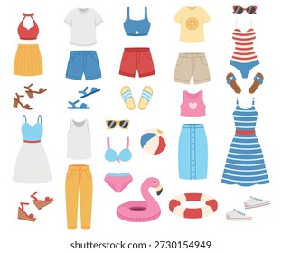 Colección de ropa de verano. Elementos de vacaciones de verano. Ilustración vectorial de estilo plano.