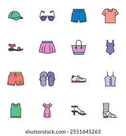 Summer clothing filled outline icons set, line vector symbol collection, linear colorful pictogram pack. Signs, logo illustration, Set includes icons as flip flop, sandal shoes, skirt, dress, handbag